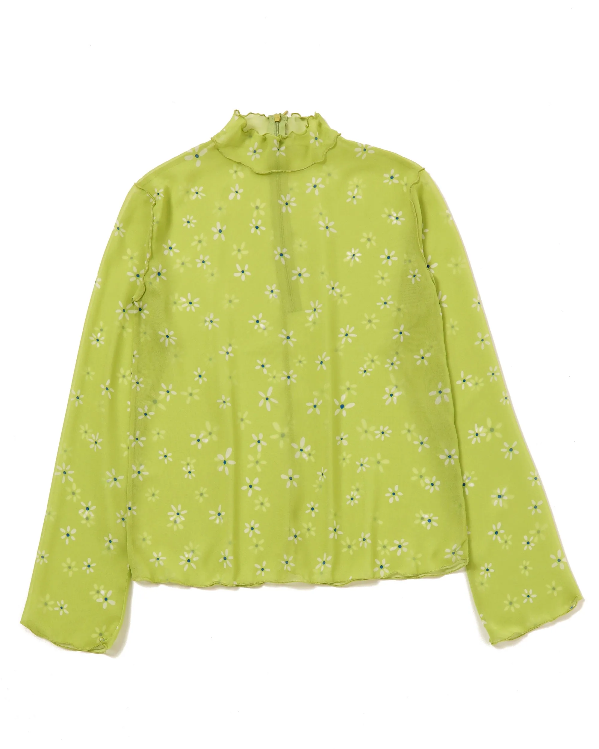 Pistachio green flower chiffon see-through tops