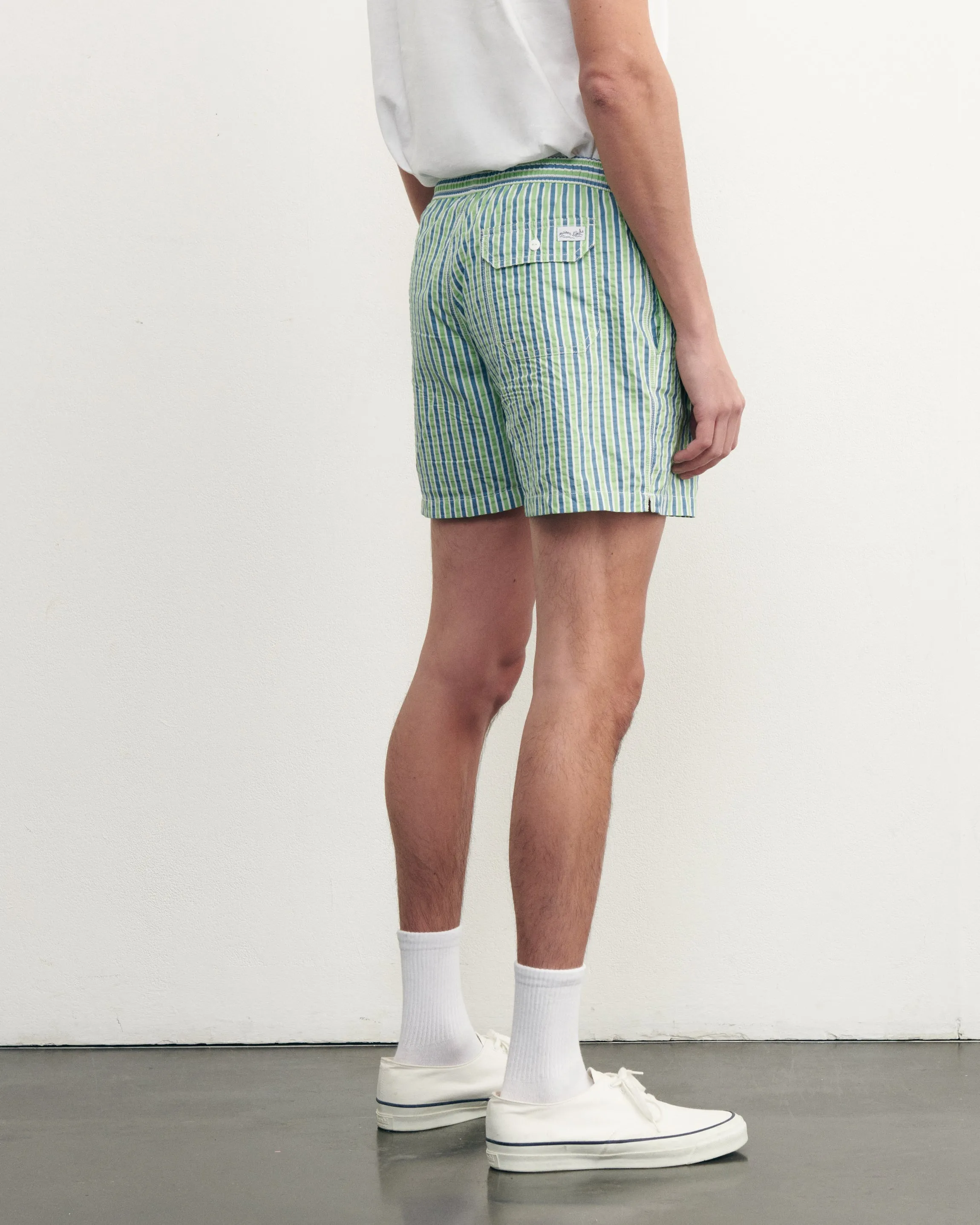 "Out Of Office" maillot seersucker swim shorts