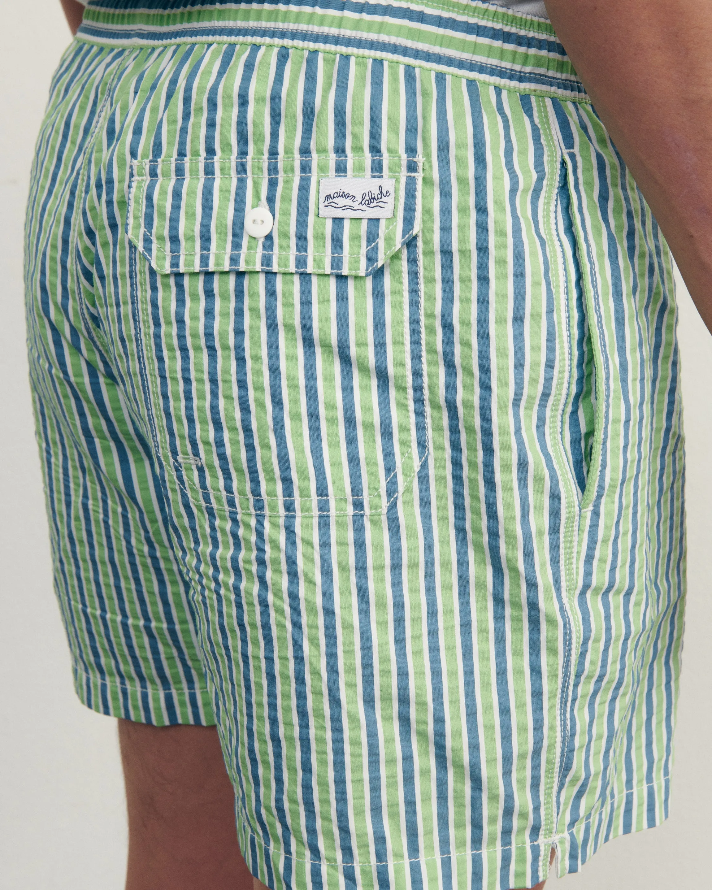 "Out Of Office" maillot seersucker swim shorts