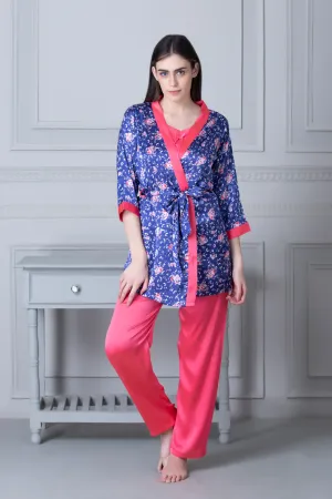 Satin Night suit with Floral Robe Blue