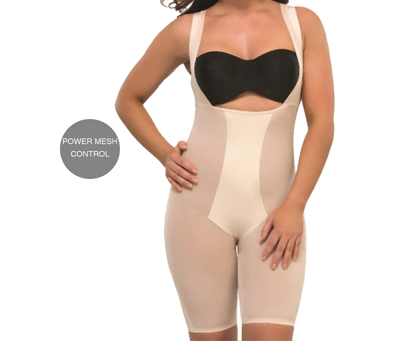 Shapewear Laser Cut Power Mesh Mid- Thigh Bodysuit - 153U090