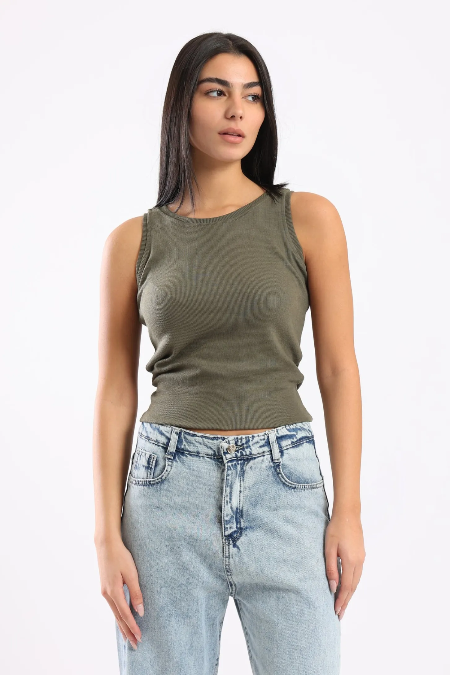 SLEEVELESS KNIT RIBBED TOP - KHAKI