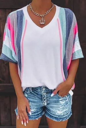 V Neck T Shirt Half Sleeve Stripes Pink Blue Green Stretchy Polyester